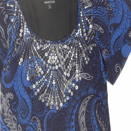 Marks and Spencer Womens Blue Geometric Polyester A-Line Size 10 Round Neck Zip - Sequin Detail