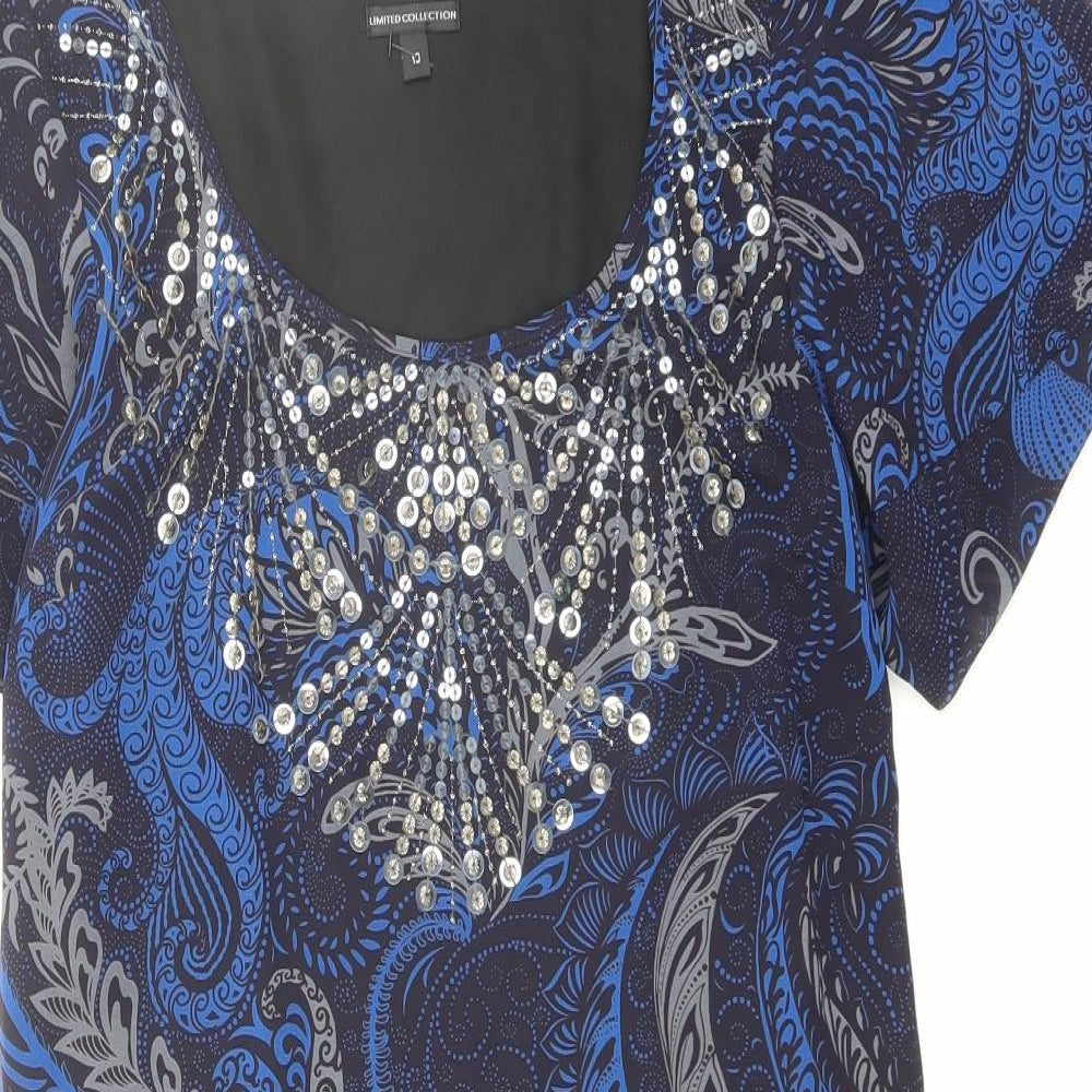 Marks and Spencer Womens Blue Geometric Polyester A-Line Size 10 Round Neck Zip - Sequin Detail