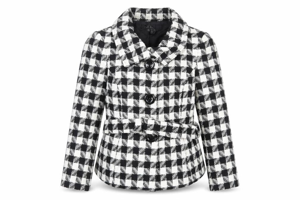Front view of Jem basic women’s ivory plaid jacket, size M, button