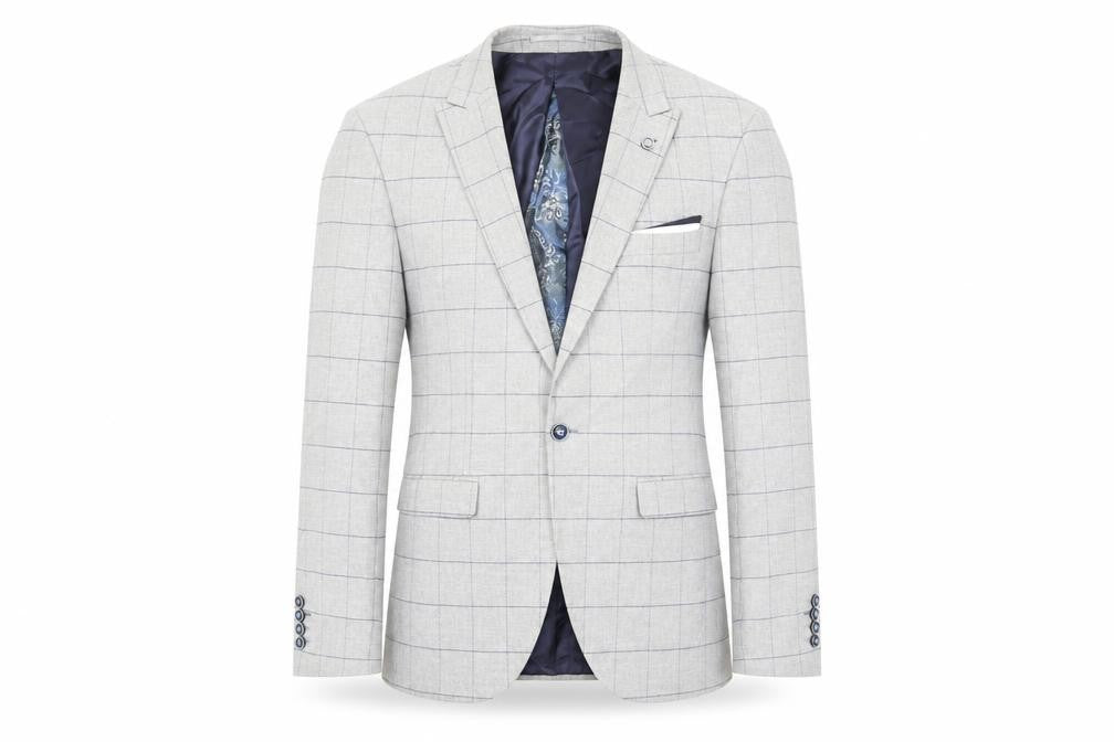 Front view of Charlie Brown men’s grey plaid polyester jacket suit jacket, size 42, regular