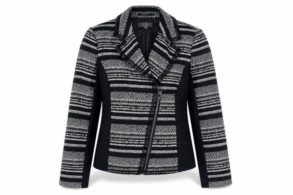 Front view of Per Una women’s black plaid jacket, size UK 12, zip