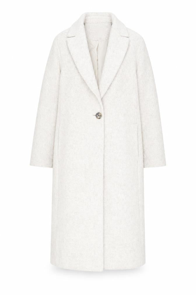 Front view of H&M women’s beige overcoat coat, size XS, button