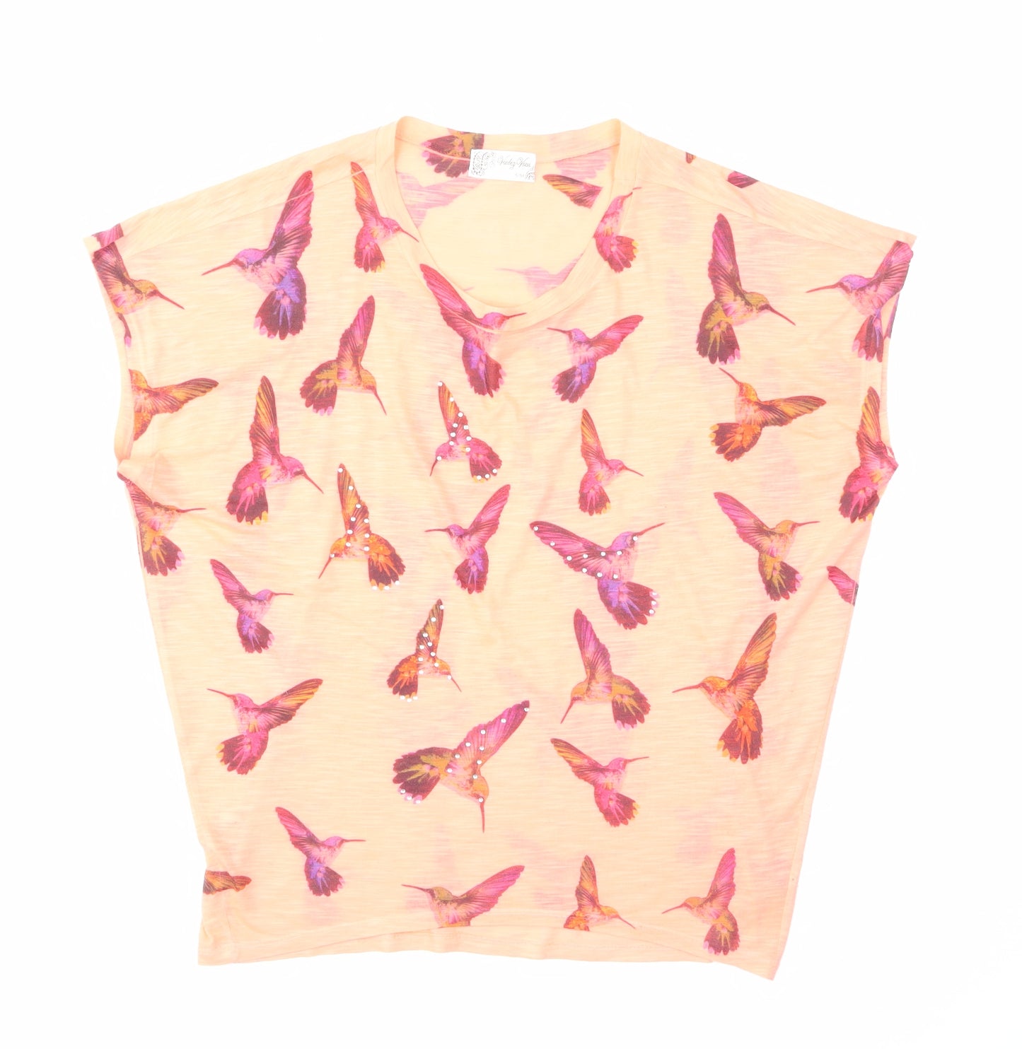 Voulez-Vous Womens Pink Geometric Polyester Basic T-Shirt Size S Scoop Neck - S/M, Oversized