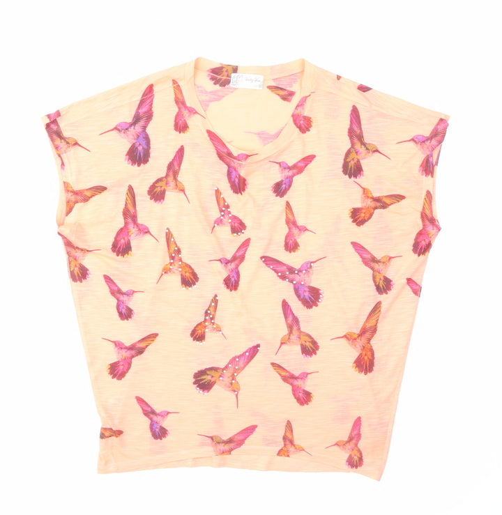 Voulez-Vous Womens Pink Geometric Polyester Basic T-Shirt Size S Scoop Neck - S/M, Oversized