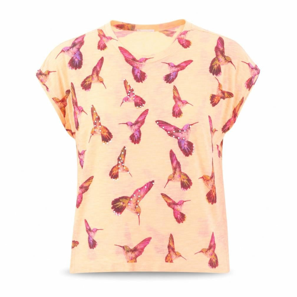 Front view of Voulez-Vous women’s pink geometric polyester basic t-shirt, size S, scoop neck - s/m, oversized