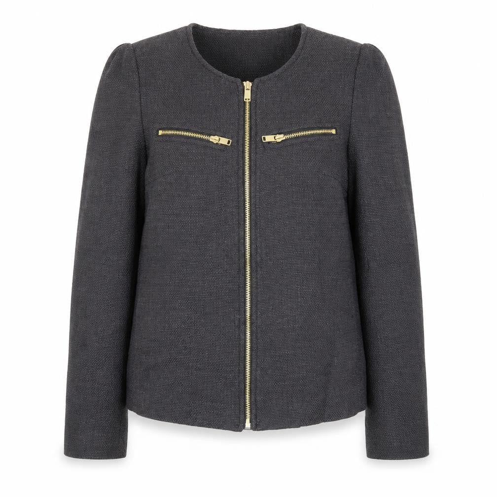 Front view of H&M women’s blue jacket, size UK 6, zip - zips, pleated back