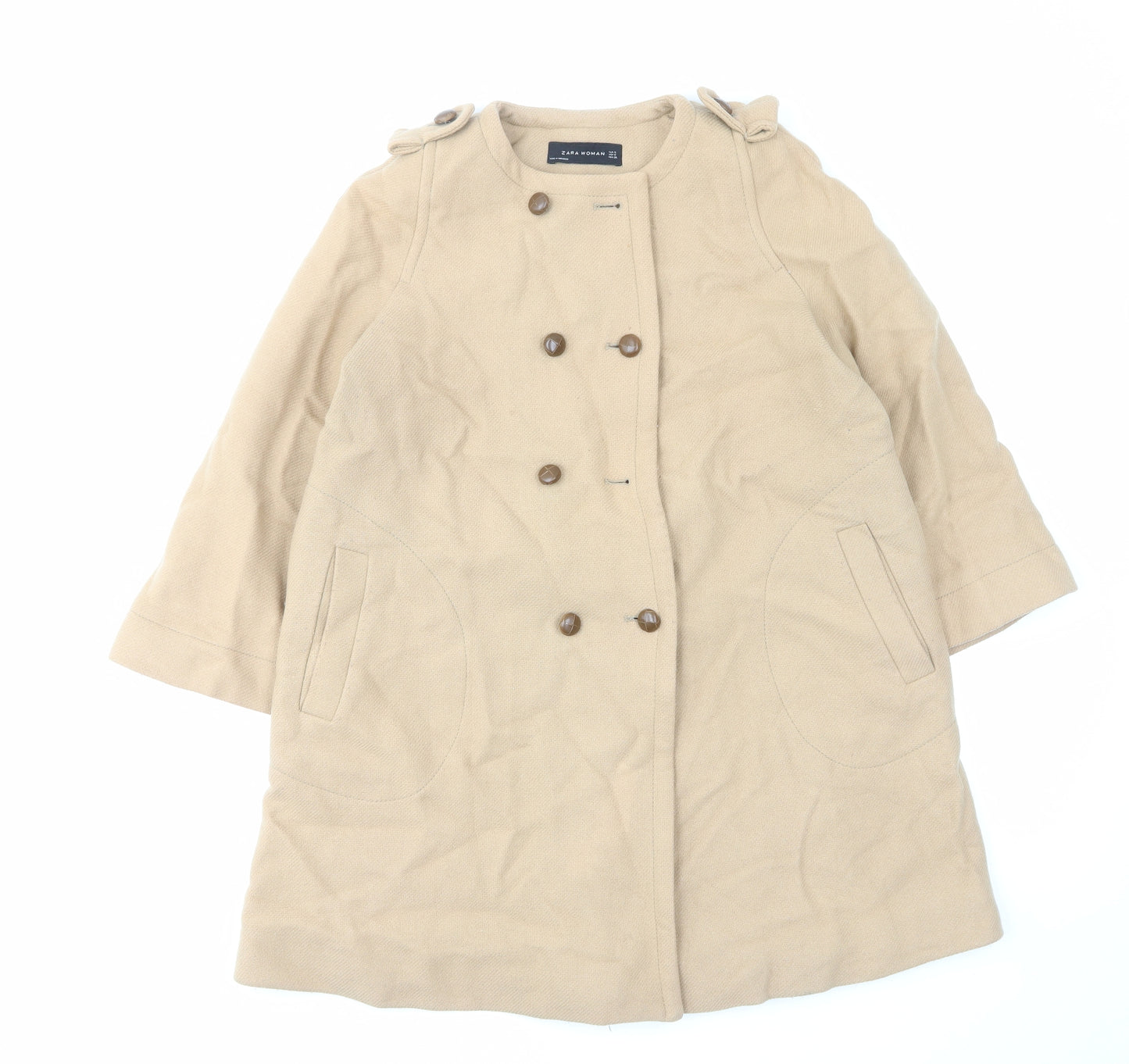 Zara Womens Beige Overcoat Coat Size S Button - Bows, Pockets