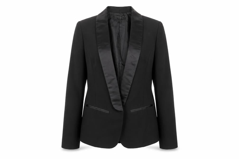 Front view of H&M women’s black jacket blazer, size UK 4