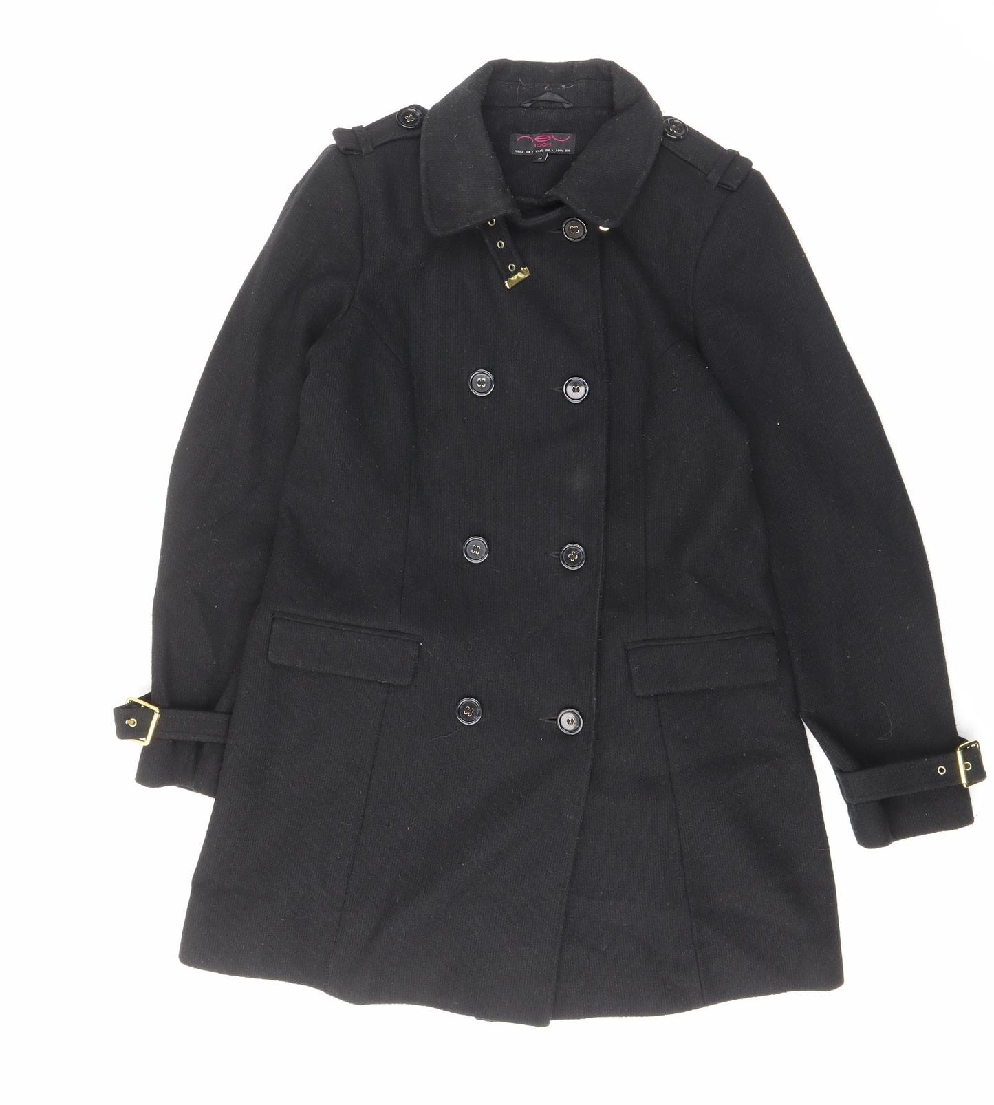 New Look Womens Black Overcoat Coat Size 14 Button - Pockets