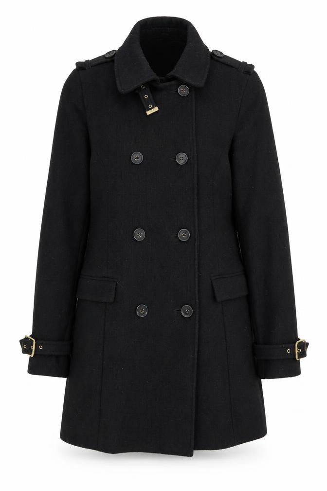 Front view of New Look women’s black overcoat coat, size UK 14, button - pockets
