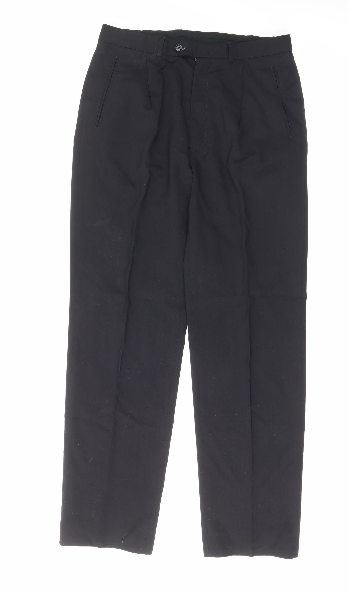 Marks and Spencer Mens Black Wool Trousers Size 34 in L33 in Regular Zip - Pleated, Pockets