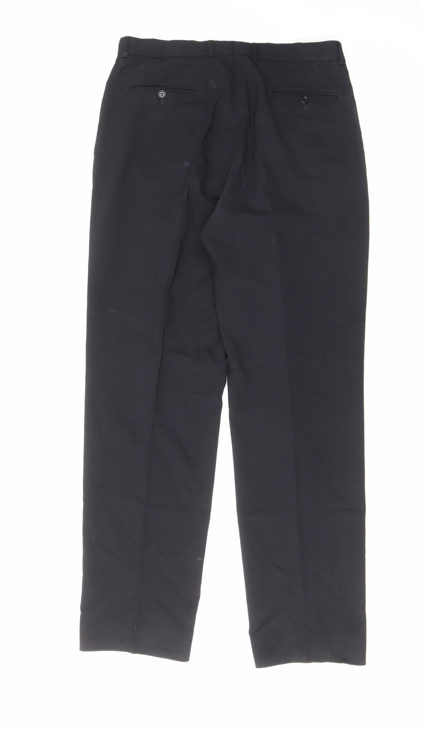 Marks and Spencer Mens Black Wool Trousers Size 34 in L33 in Regular Zip - Pleated, Pockets