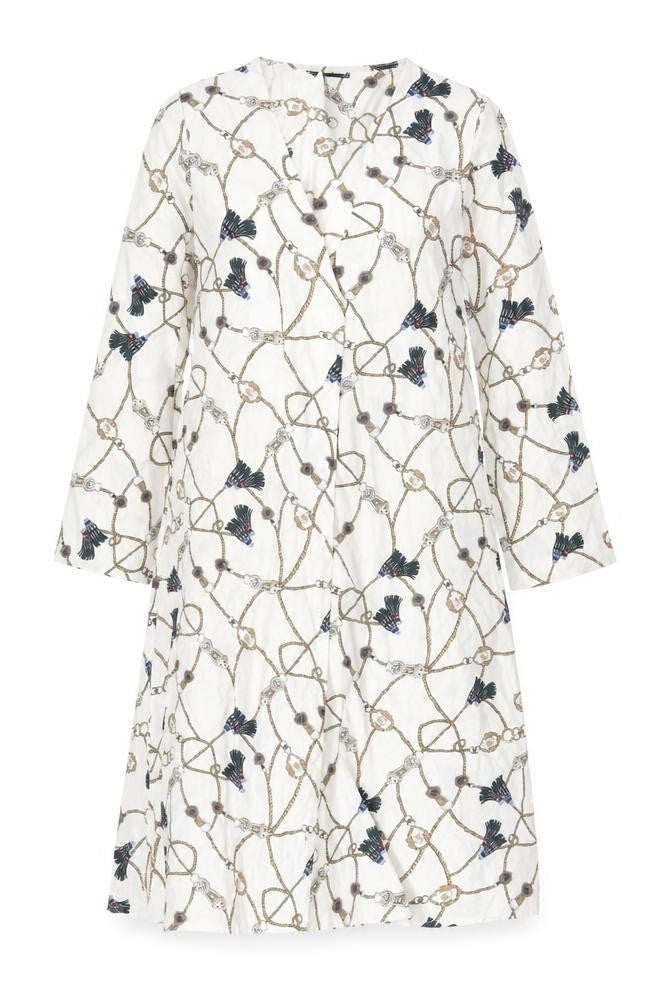 Front view of Boohoo women’s ivory geometric polyester sheath, size UK 10, v-neck button