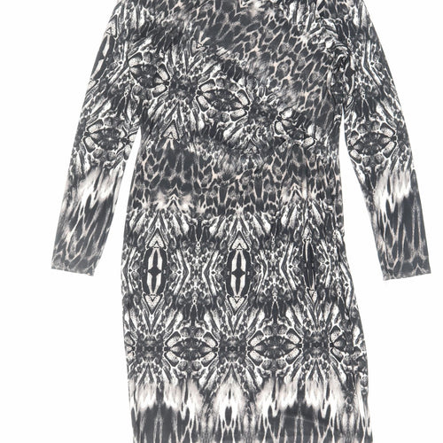 Debenhams Womens Black Animal Print Viscose Bodycon Size 14 Boat Neck Zip - Zip