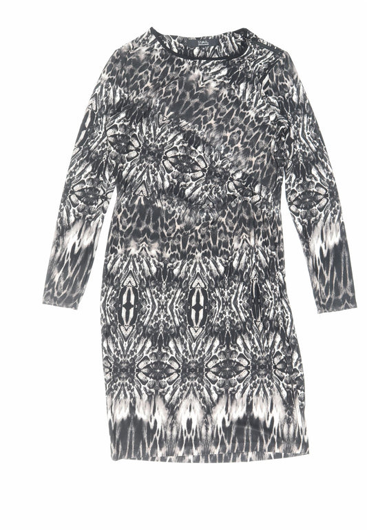 Front view of Debenhams women’s black animal print viscose bodycon, size UK 14, boat neck zip - zip