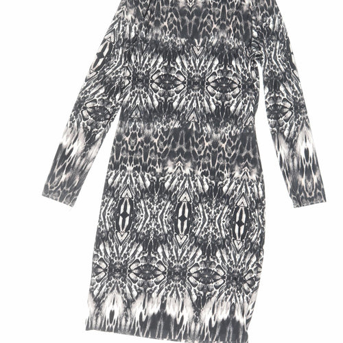 Debenhams Womens Black Animal Print Viscose Bodycon Size 14 Boat Neck Zip - Zip