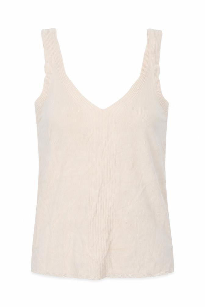 Front view of Zara women’s beige viscose basic tank, size L, v-neck