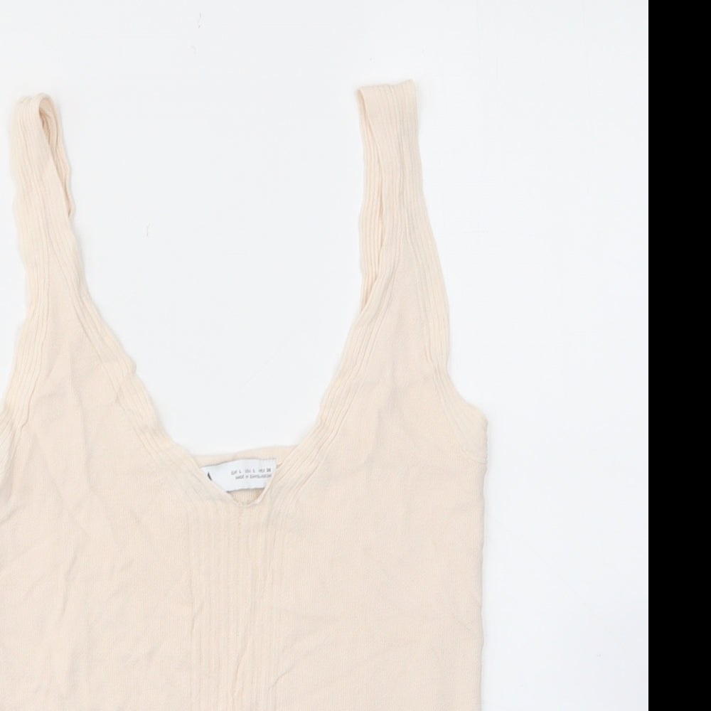 Zara Womens Beige Viscose Basic Tank Size L V-Neck
