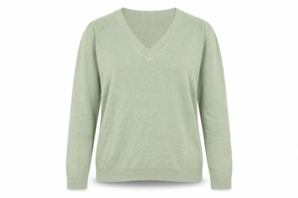 Front view of Marks & Spencer women’s green v-neck acrylic jumper, size M