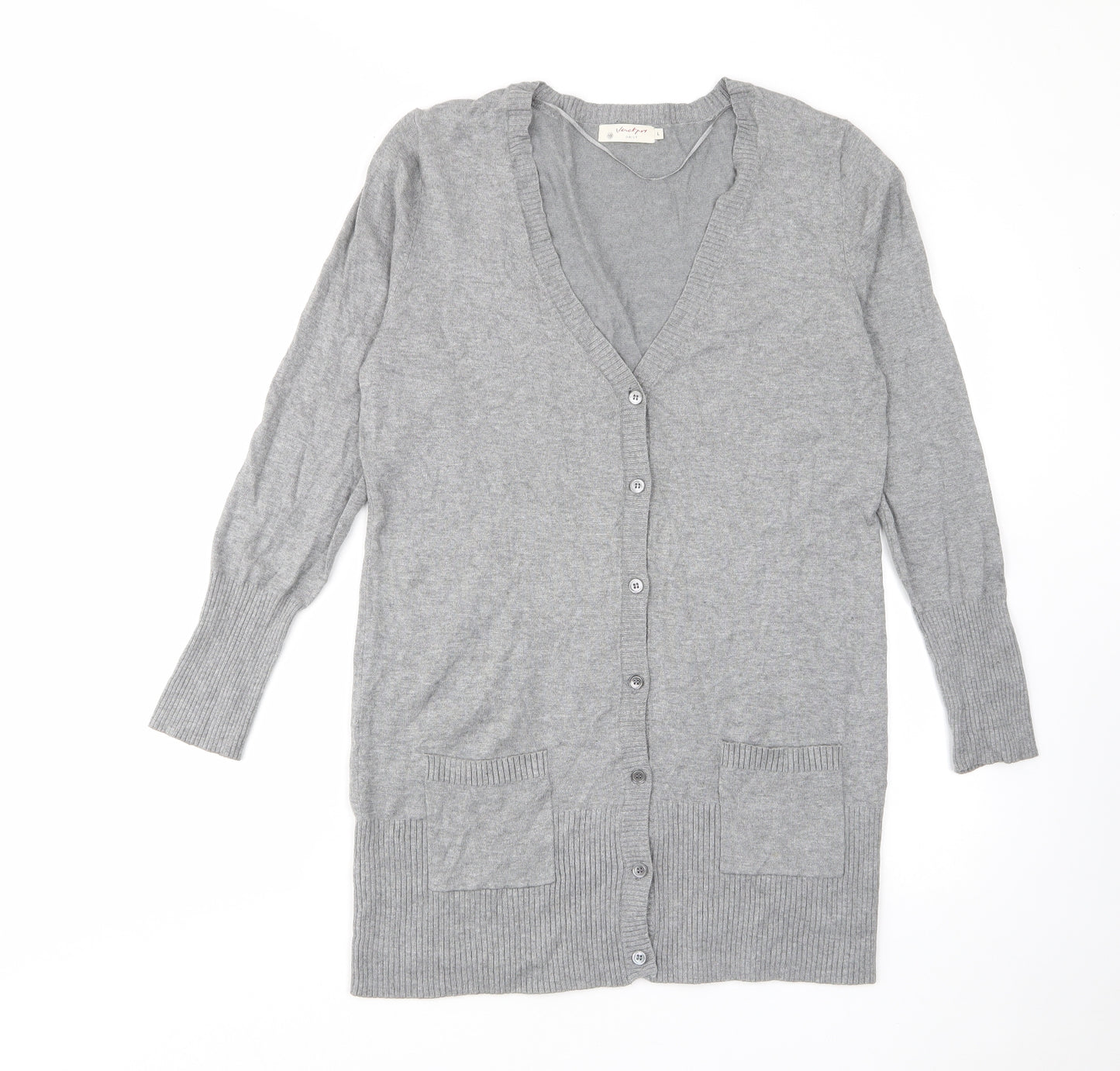 Vackyoy Womens Grey V-Neck Viscose Cardigan Jumper Size L - Pockets