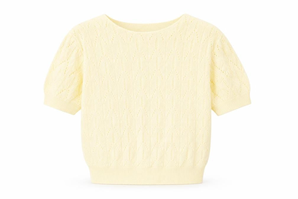 Front view of St Michael women’s yellow crew neck acrylic jumper, size UK 12