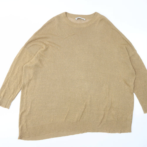 Zara Womens Brown Crew Neck Linen Pullover Jumper Size M - M-L