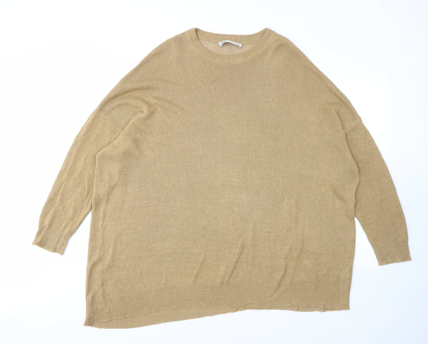 Zara Womens Brown Crew Neck Linen Pullover Jumper Size M - M-L