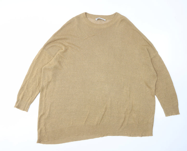 Zara Womens Brown Crew Neck Linen Pullover Jumper Size M - M-L