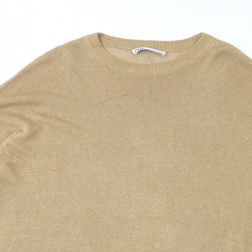Zara Womens Brown Crew Neck Linen Pullover Jumper Size M - M-L