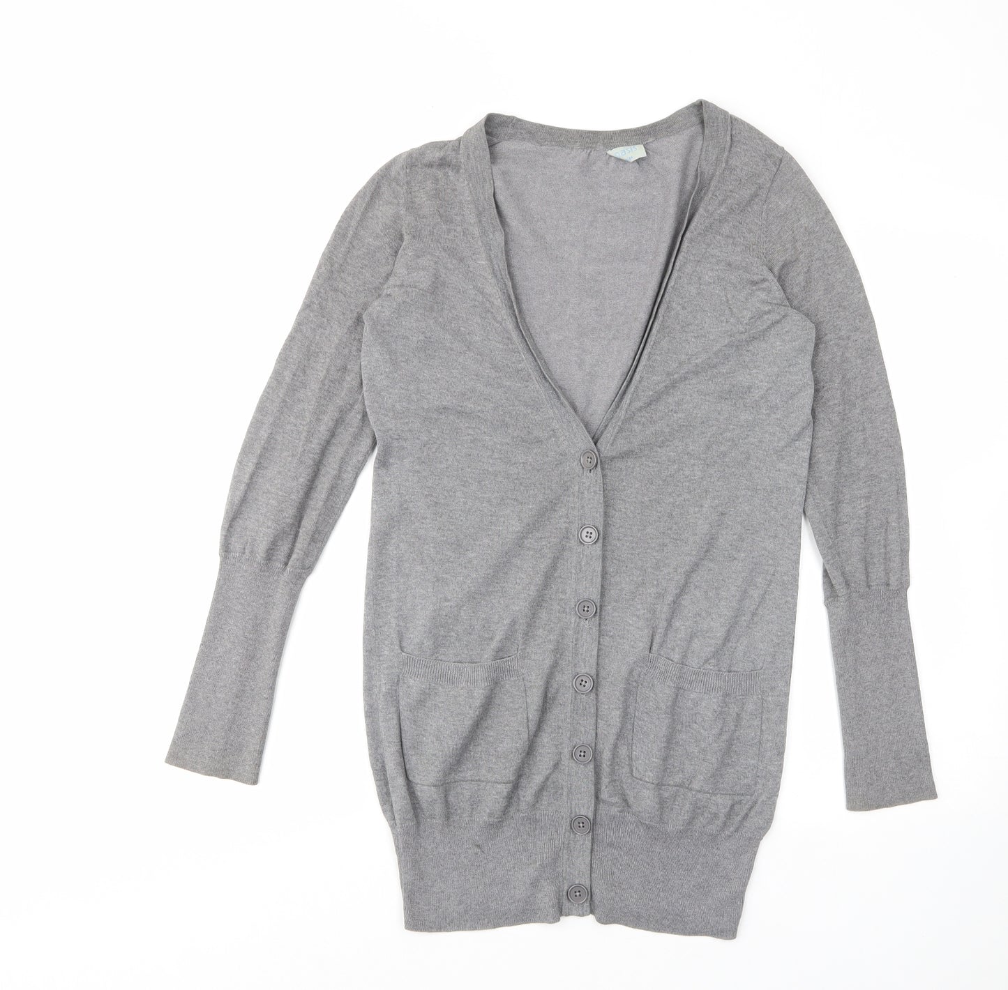 Oasis Womens Grey V-Neck Cotton Cardigan Jumper Size 8 - Pockets