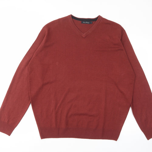 James Pringle Mens Red V-Neck Acrylic Pullover Jumper Size L Long Sleeve