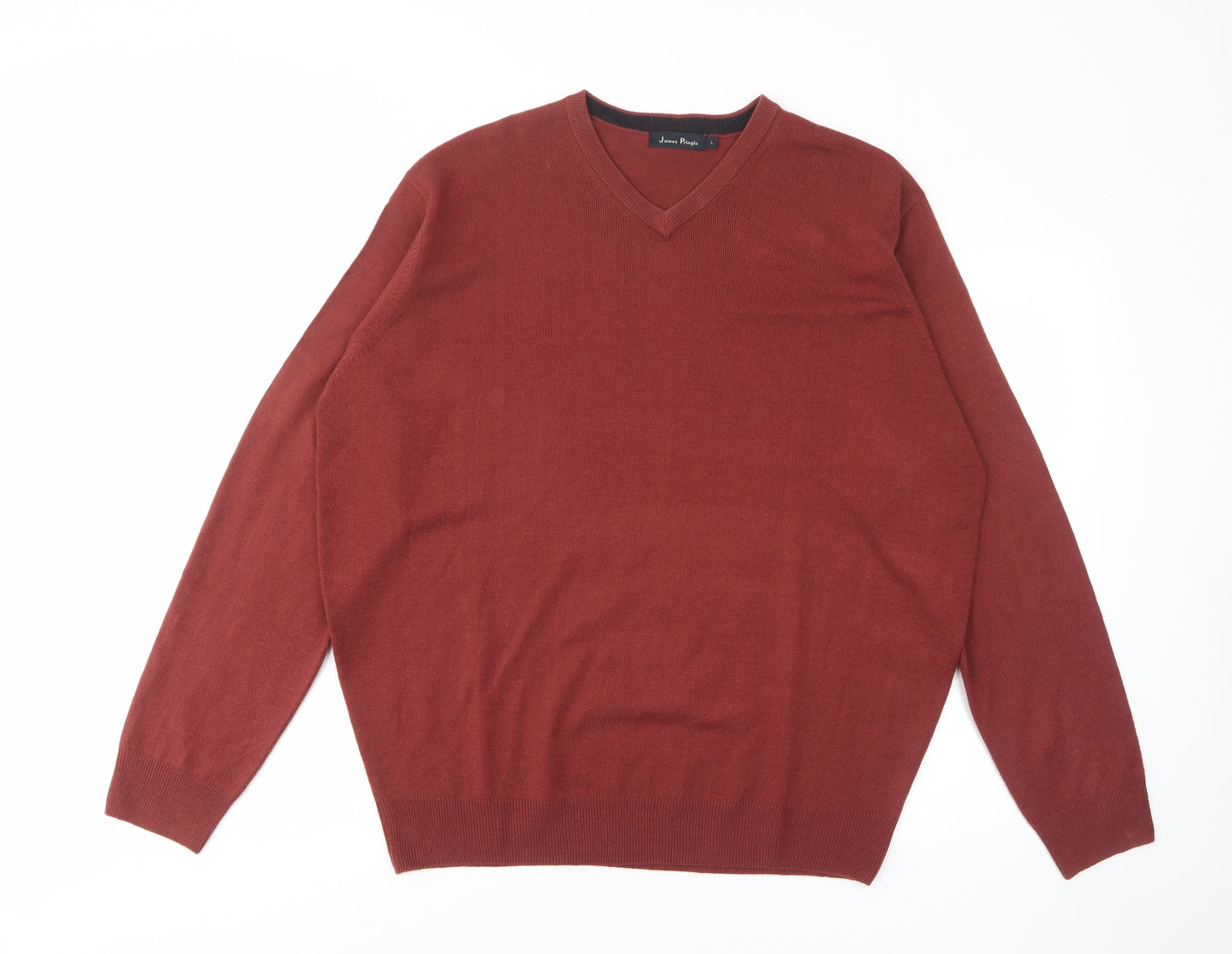James Pringle Mens Red V-Neck Acrylic Pullover Jumper Size L Long Sleeve