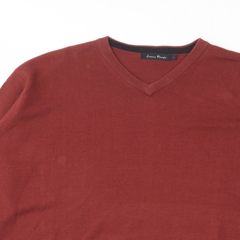 James Pringle Mens Red V-Neck Acrylic Pullover Jumper Size L Long Sleeve