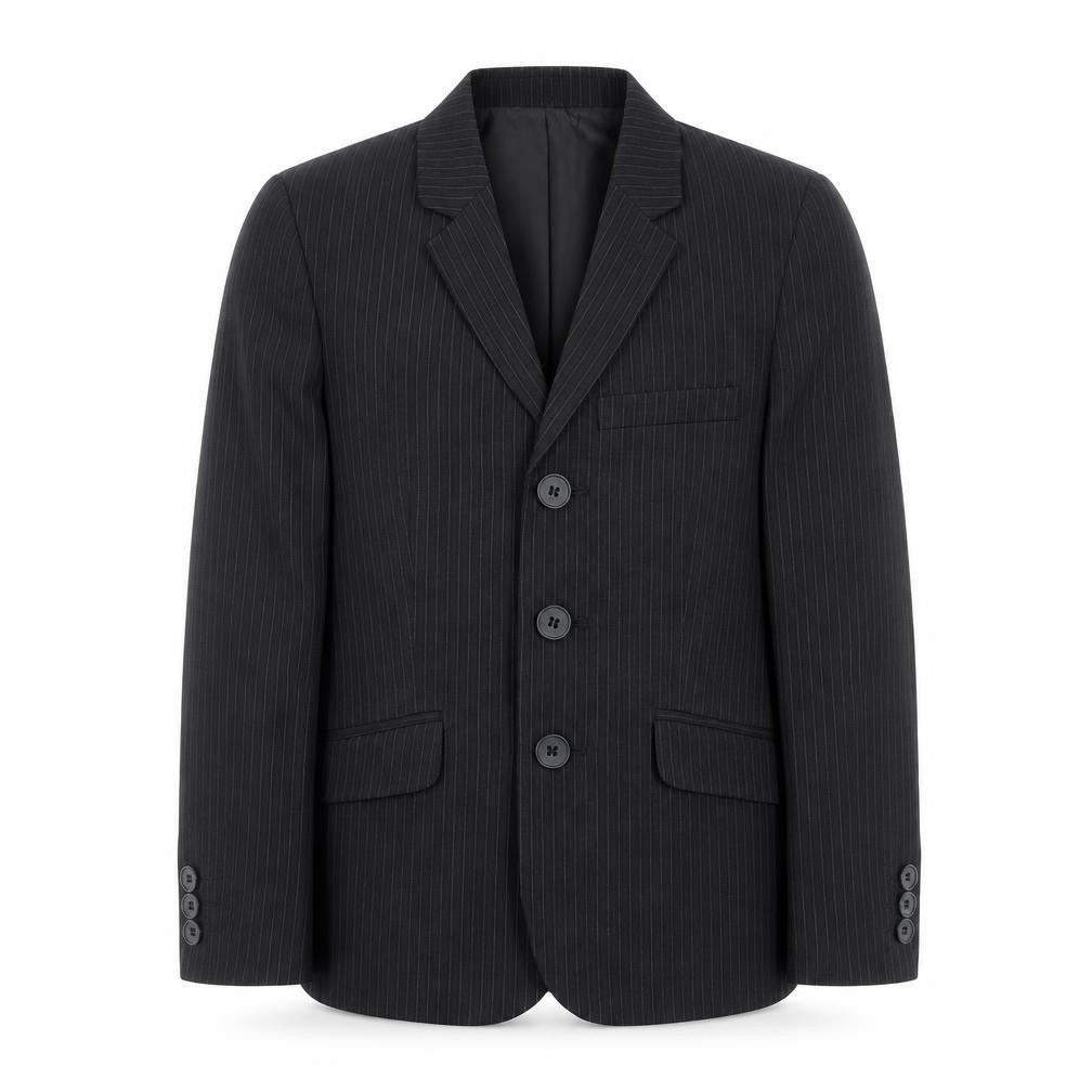 Front view of Duck and Cover boys’ grey striped jacket blazer, size 7, years button