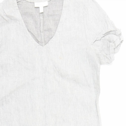 The White Company Womens Grey Herringbone Linen A-Line Size 10 V-Neck Pullover