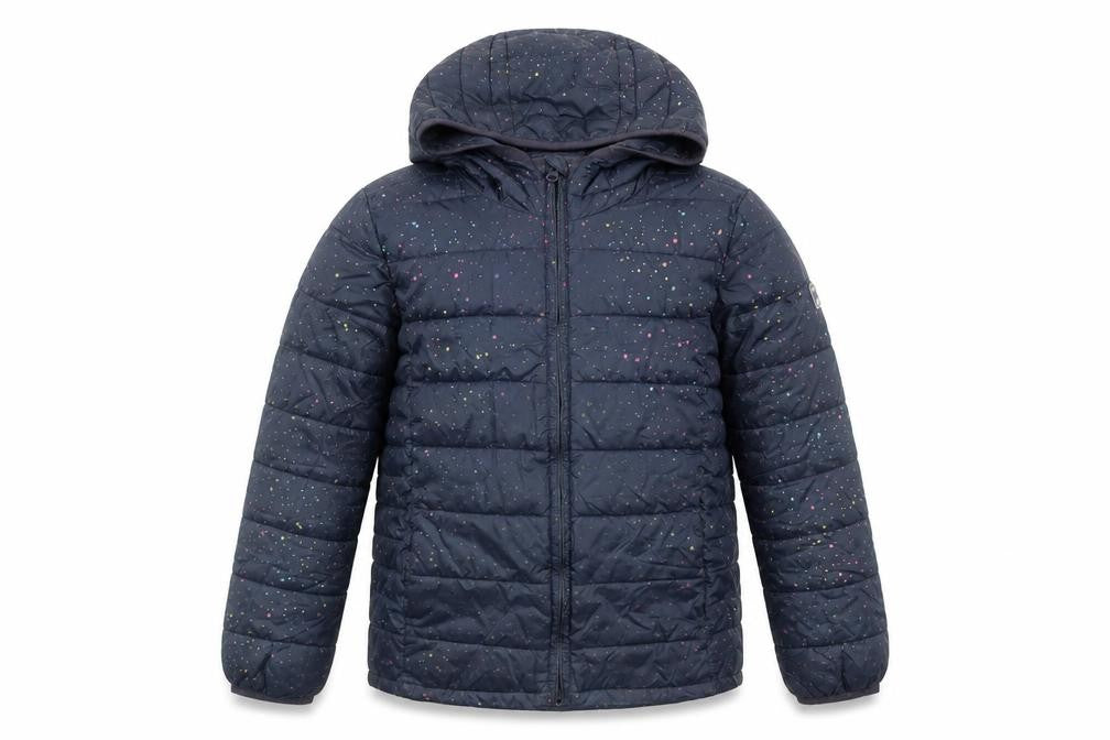 Front view of Gap girls’ blue geometric bomber jacket coat, size 2XL, zip