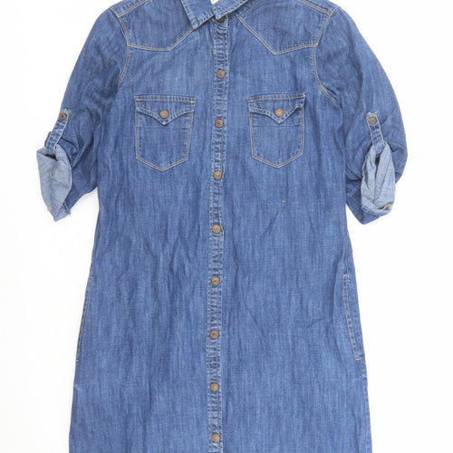 Mango Womens Blue Cotton Shirt Dress Size S Collared Snap