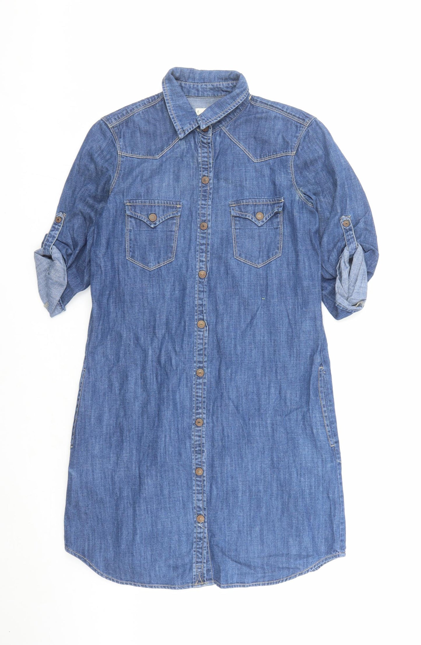 Mango Womens Blue Cotton Shirt Dress Size S Collared Snap