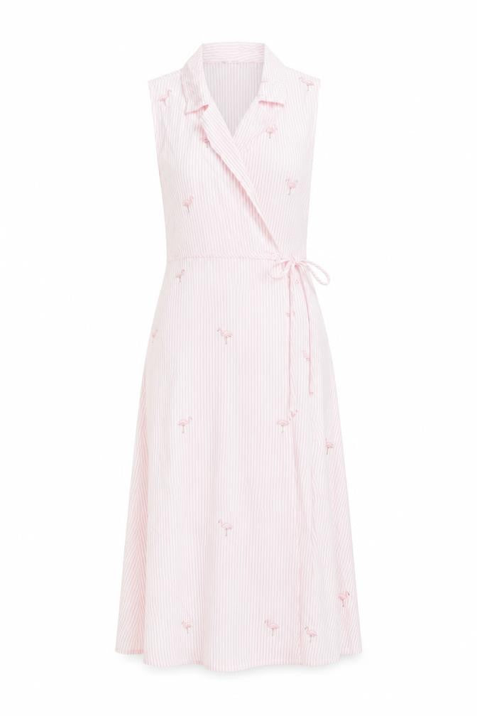 Nikki Valentine Womens Pink Striped Cotton Wrap Dress Size 6 Collared Tie - Flamingo