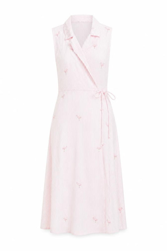 Front view of Nikki Valentine women’s pink striped cotton wrap dress, size UK 6, collared tie - flamingo