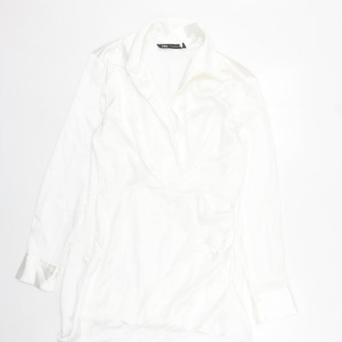Zara Womens White Polyester Shirt Dress Size L Collared Zip