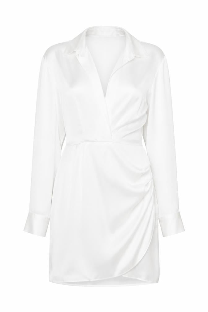 Front view of Zara women’s white polyester shirt dress, size L, collared zip