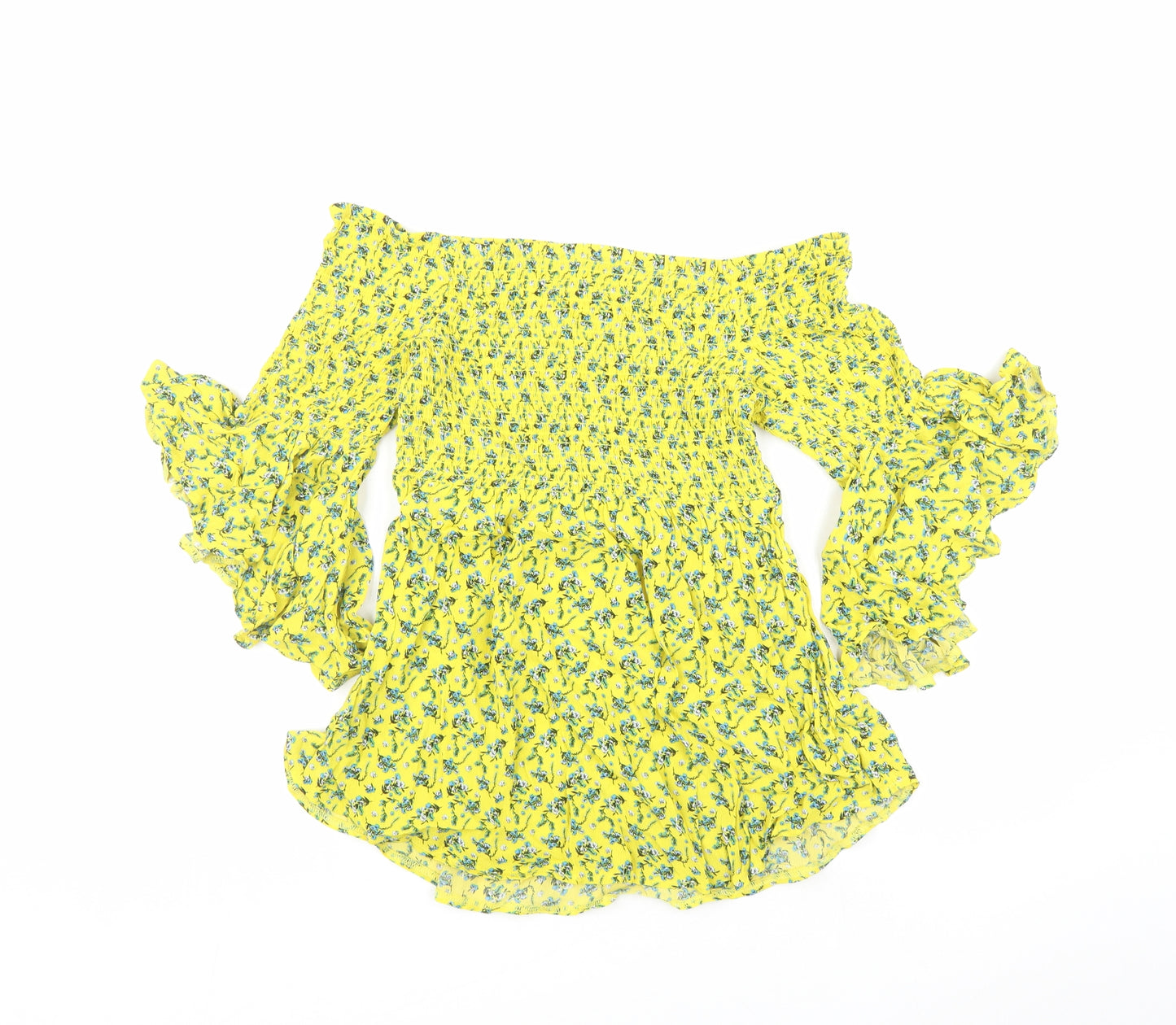 River Island Womens Yellow Floral Viscose Basic Blouse Size 12 Off the Shoulder