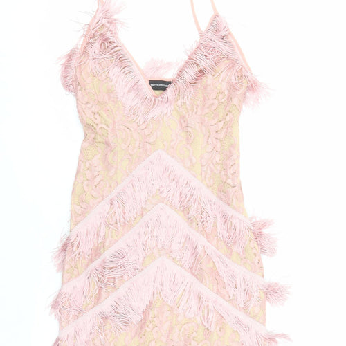 PRETTYLITTLETHING Womens Pink Polyester Bodycon Size 6 V-Neck Zip - Fringe detail