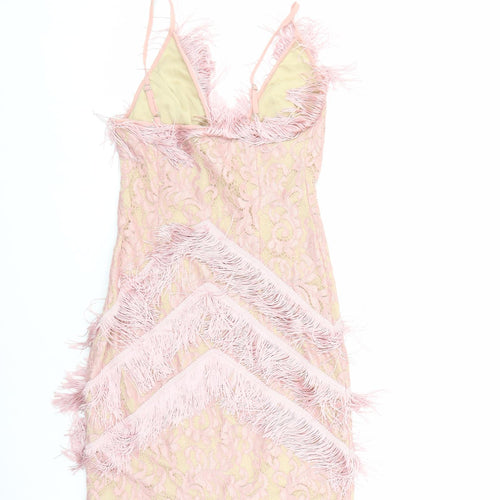 PRETTYLITTLETHING Womens Pink Polyester Bodycon Size 6 V-Neck Zip - Fringe detail