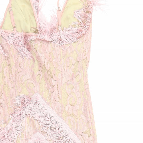 PRETTYLITTLETHING Womens Pink Polyester Bodycon Size 6 V-Neck Zip - Fringe detail