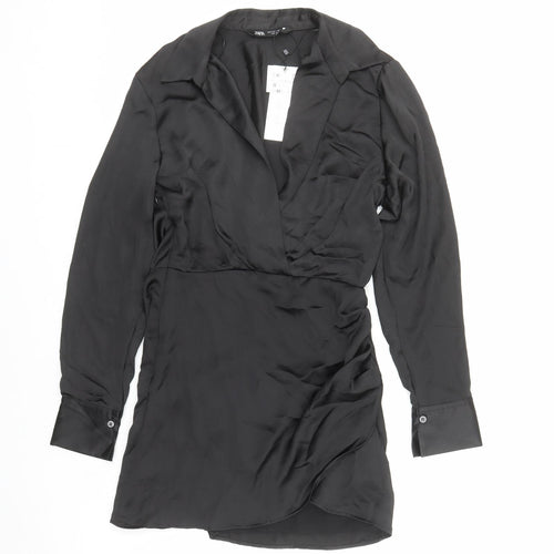 Zara Womens Black Polyester A-Line Size S Collared Zip