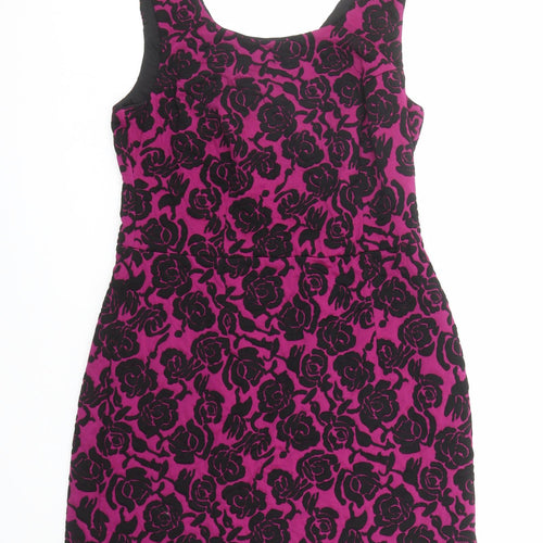Pepperberry Womens Purple Floral Polyester Shift Size 14 Round Neck Zip