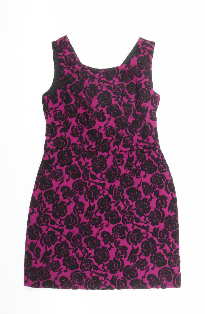 Pepperberry Womens Purple Floral Polyester Shift Size 14 Round Neck Zip