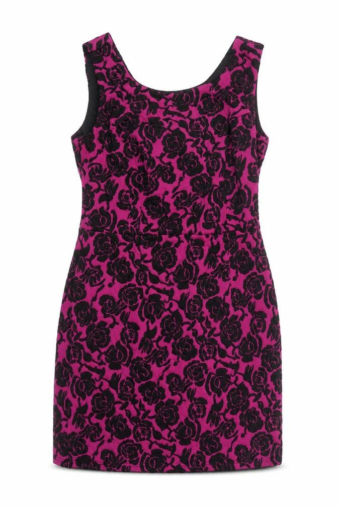 Front view of Pepperberry women’s purple floral polyester shift, size UK 14, round neck zip